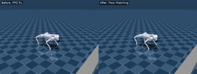 Go2 Quadruped: PPO teacher vs Flow-Matching student